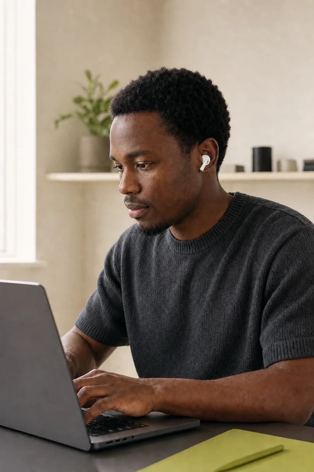 Man wearing white earbuds while working at a laptop in a sunlit home workspace